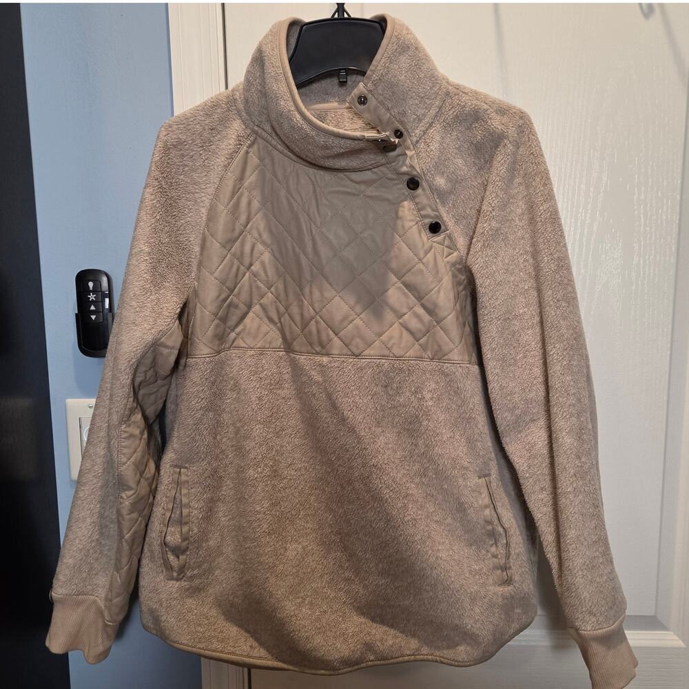 Abercrombie & Fitch Women's L Sherpa Fleece Pullover Quilted Snap Oatmeal Taupe